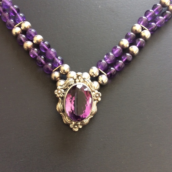 Vintage 925 Sterling Silver Natural Amethyst Necklace.